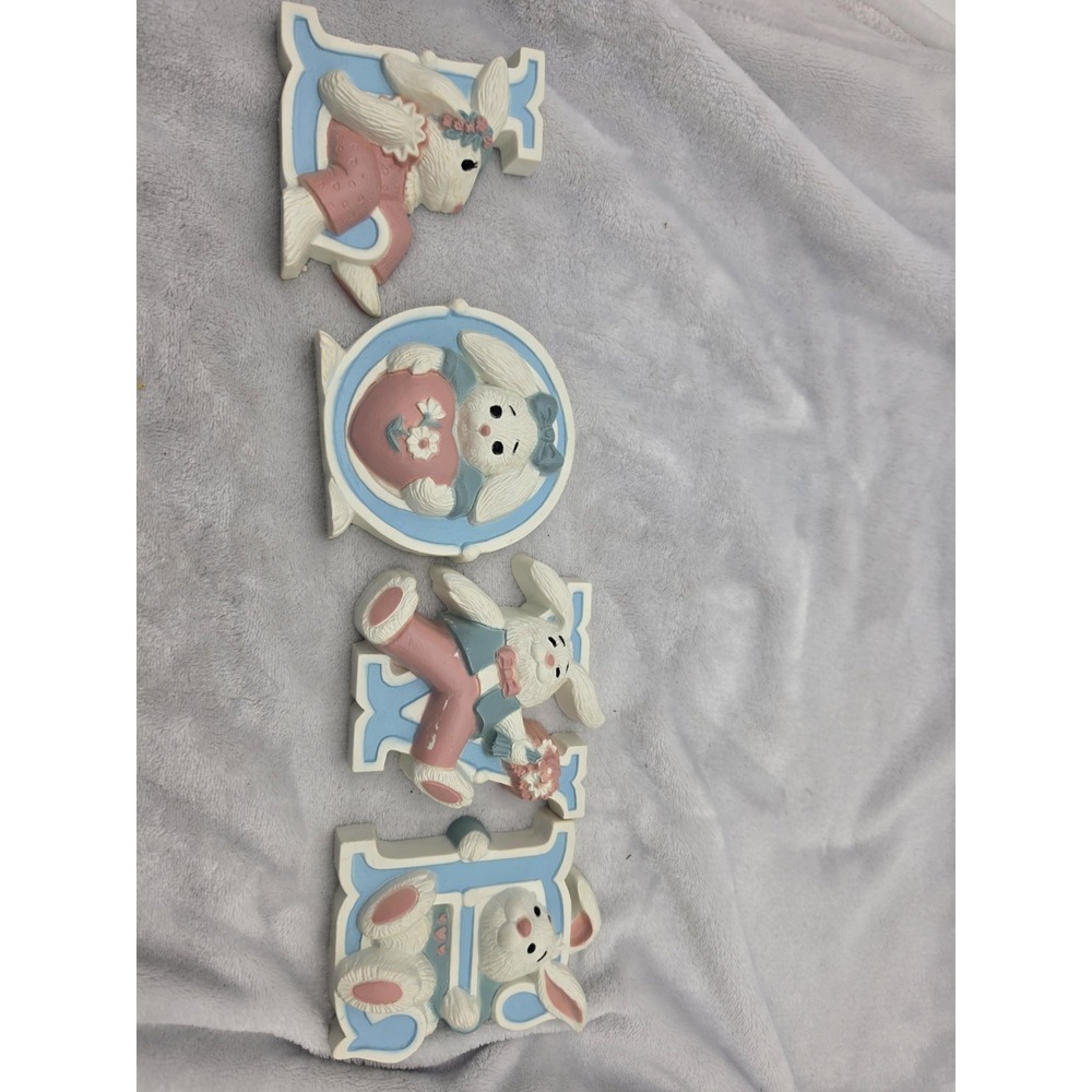 Vintage Bunny Wall Plaques Set of 4 1980s Nursery Decor Country Sweet LOVE